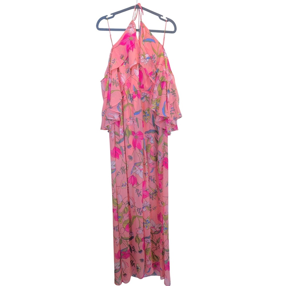 GB Floral Ruffle Cold Shoulder Pink Maxi Dress